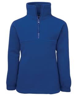 A blue polar fleece jacket featuring a half-zip collar and long sleeves. It has a branding logo.
