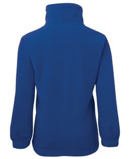 A blue polar fleece jacket featuring a half zip and a high collar, with elasticated cuffs and a logo.