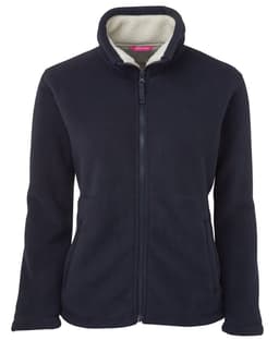 A navy fleece jacket with a full zip and a soft interior lining. Features a collar and a logo.
