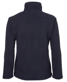 A dark navy fleece jacket with a high collar and long sleeves, featuring a logo on the back.