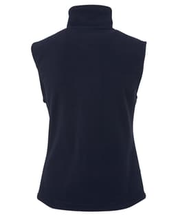 A navy polar vest featuring a high collar and a sleeveless design. It has a logo on the front.