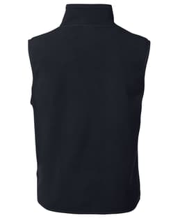 A black polar vest with no sleeves and a high collar, featuring a logo on the back.