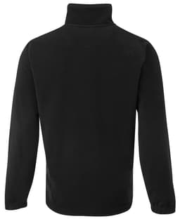 A black polar fleece jumper with a high neck and long sleeves, featuring a branding logo.
