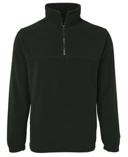 A dark green polar fleece jumper with a half zip and a raised collar, featuring a logo on the chest.