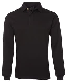A black long-sleeve rugby shirt with a collared neck and a button. The shirt features a logo on one side.
