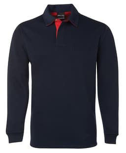 A dark navy rugby shirt with a red collar and a logo on the chest. Long sleeves complete the design.