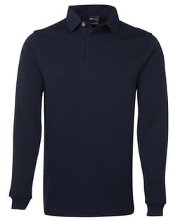 A two-tone navy rugby shirt featuring long sleeves and a classic polo collar, with a logo on the chest.