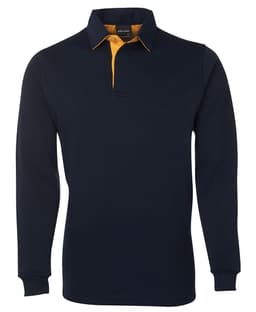 A navy blue rugby shirt with a contrasting orange collar. Features long sleeves and a branding logo.