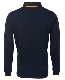 A navy and yellow two-tone rugby shirt with long sleeves and a collared neck. The shirt features a branding logo.