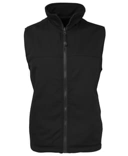 A black reversible vest with a high collar and front zipper, featuring a branding logo.