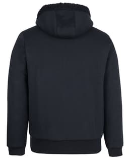 A dark navy hoodie with a sherpa-lined hood, featuring a plain back design and elasticised cuffs and hem.