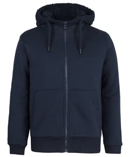 A navy blue full zip hoodie featuring a soft, lined hood and front pockets. It has a branding logo.