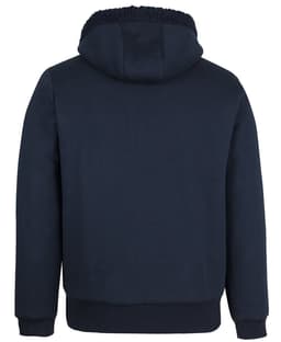 A navy blue full zip hoodie with a hood and textured lining, featuring a simple design and ribbed hem.