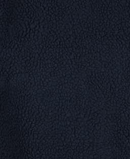 A dark navy fleece fabric with a textured surface, suitable for hoodies. Features a branding logo.