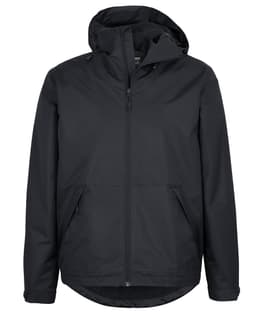 A black rain jacket with a hood, featuring zipper pockets and a logo on the front.