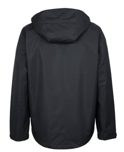 A black rain jacket with a hood, featuring a simple design and a logo on the back.