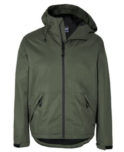 A green rain jacket with a hood, featuring a zip closure and two side pockets, plus a branding logo.