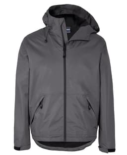 A grey rain jacket featuring a hood, two front pockets, and a zippered closure. It includes a logo on the fabric.