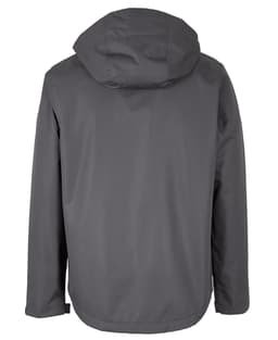 A grey rain jacket featuring a hood and a simple design, with a branding logo on the back.