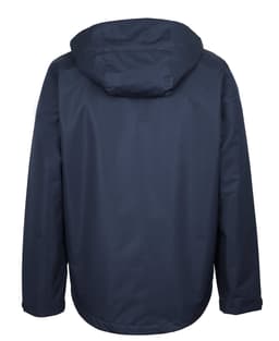 A navy rain jacket with a hood and a logo on the back, designed for protection against the elements.