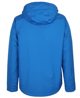 A blue rain jacket featuring a hood and a simple design. It includes a logo on the back.