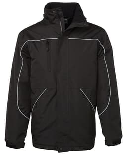 A black rain jacket featuring white piping and multiple pockets, with a zippered front and high collar.