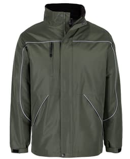 A green rain jacket with a zippered chest pocket and reflective piping, featuring a high collar and brand logo.