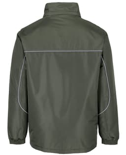 A green rain jacket with elastic cuffs and a branding logo on the back, featuring a simple design.