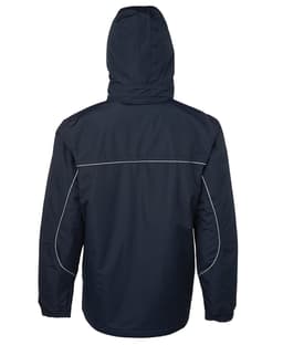 A navy rain jacket featuring a hood and contrasting piping. The back view displays a clean design with a logo.