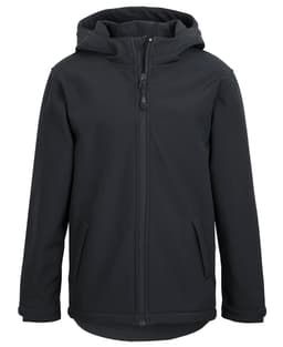 A softshell jacket in black with a hood, featuring a front zip and two side pockets. It has a branding logo.