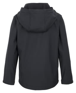 A hooded softshell jacket in black, featuring a three-layer design and a back view with a logo.