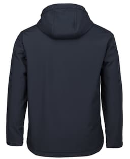 A dark navy three-layer hooded softshell jacket with a simple design and a hood. It features a branding logo.
