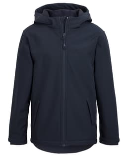 A navy three-layer hooded softshell jacket with a front zipper and side pockets, featuring a logo.
