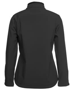 A black softshell jacket with a high collar, featuring a simple design and a logo on the back.