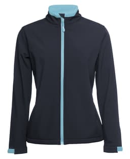A women's softshell jacket in black with teal accents and a zip front, featuring a logo.