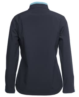 A black three-layer softshell jacket with a turquoise collar and an unadorned back.