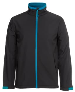 A soft shell jacket in black with blue accents and a full zip front. It features side pockets and a collar.