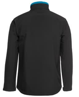 A black soft shell jacket featuring a contrasting blue collar and a logo. The back view showcases its sleek design.