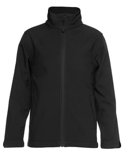 A black soft shell jacket with a zip front, high collar, and side pockets. It features a logo on the design.