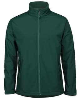 A dark green soft shell jacket with a full zip and side pockets, featuring a logo on the chest.