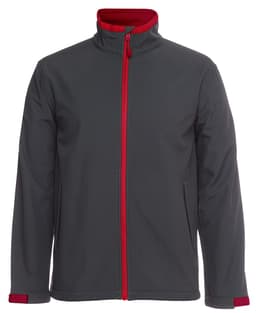 A soft shell jacket featuring a grey outer with a red zip and inner lining. It has a logo on one side.