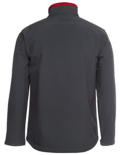 A soft shell jacket in dark grey with a red collar, featuring a logo on the back.