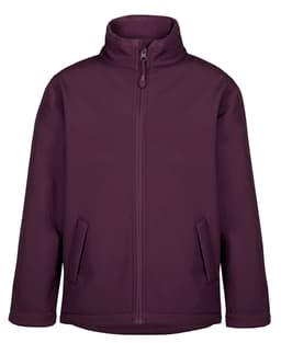 A soft shell jacket in plum with a high collar and zip front, featuring side pockets and a branding logo.