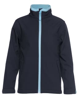 A soft shell jacket in navy blue with a light blue zipper and inner lining, featuring a logo on the chest.