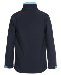 A dark navy soft shell jacket featuring a light blue collar and cuffs, with a small logo on the back.