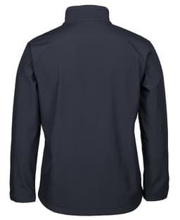 A soft shell jacket in dark navy, featuring a collar and long sleeves. It has a logo on the back.
