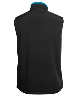 A black softshell vest with a blue collar, featuring a logo on the back.