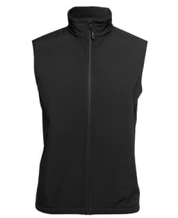 A black three-layer softshell vest with a high collar and a front zipper, featuring a logo.