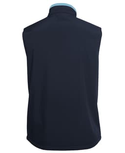 A dark navy three-layer softshell vest with a high collar and a smooth finish, featuring a logo.
