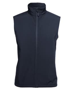 A black three-layer softshell vest with a high collar and a front zipper. It features a logo on the fabric.